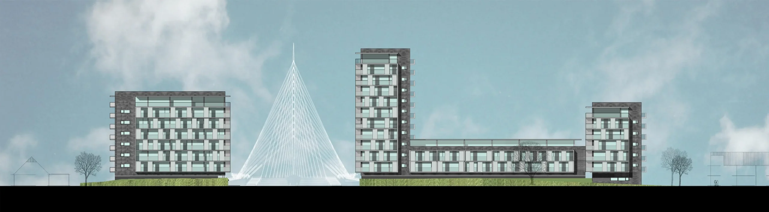 Architectonische visualisatie van een stedelijk ontwerp met twee moderne appartementengebouwen aan weerszijden van een centrale, sculpturale brugconstructie met gespannen kabels in piramidevorm. De gebouwen hebben een strakke gevel met grote ramen, en het geheel staat tegen een blauwe lucht met enkele wolken.